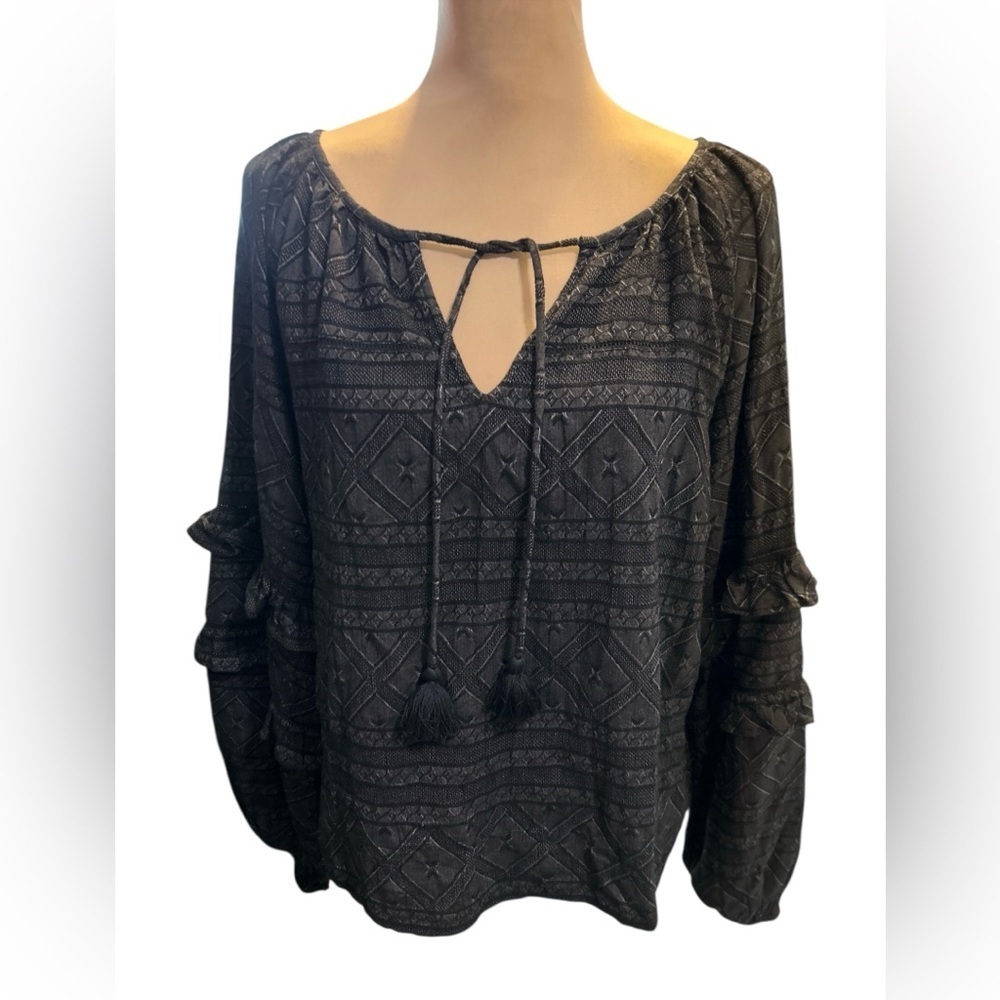 Carly Jean Los Angeles Womens Top Boho Textured Ruffle Balloon Sleeve Sz Medium